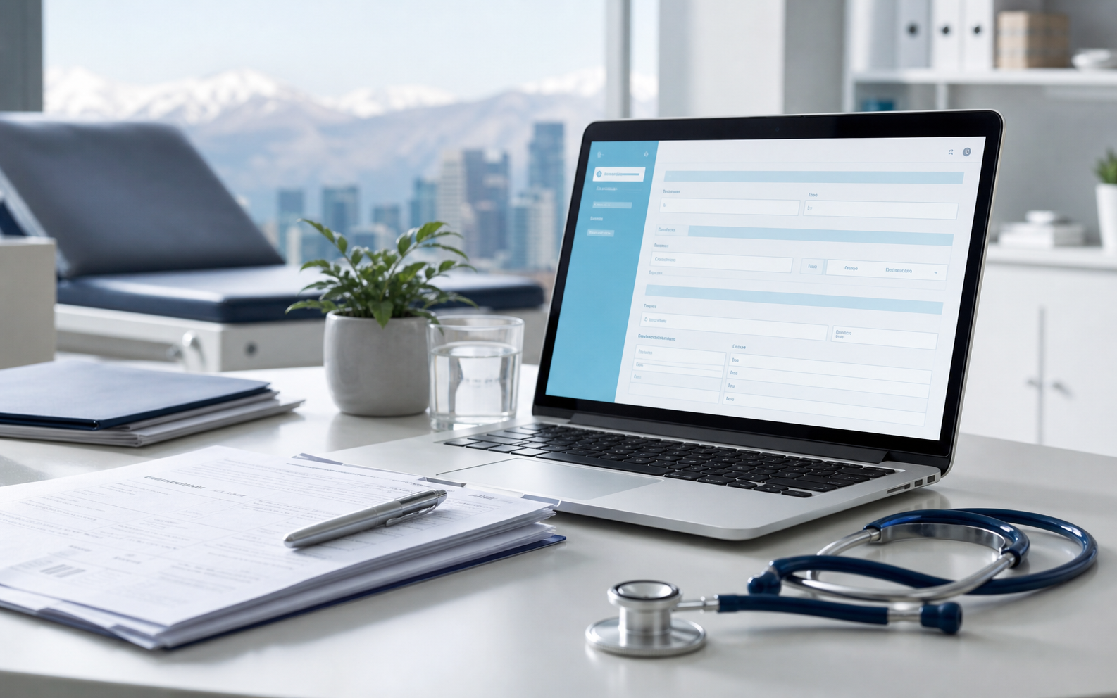 Escritorio clínico con computador y antecedentes médicos